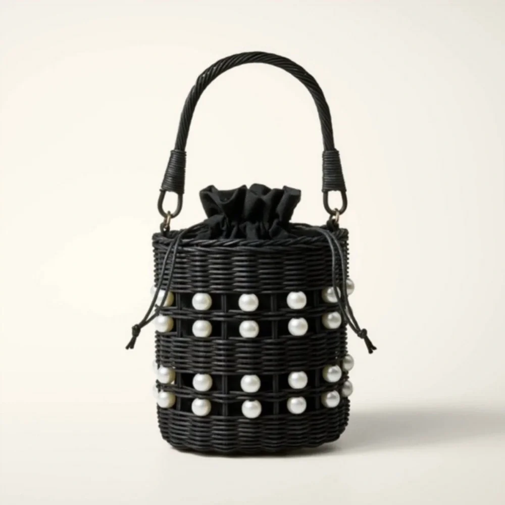Kate Spade x Target Black Pearl Embellished Basket Wicker Bucket Bag